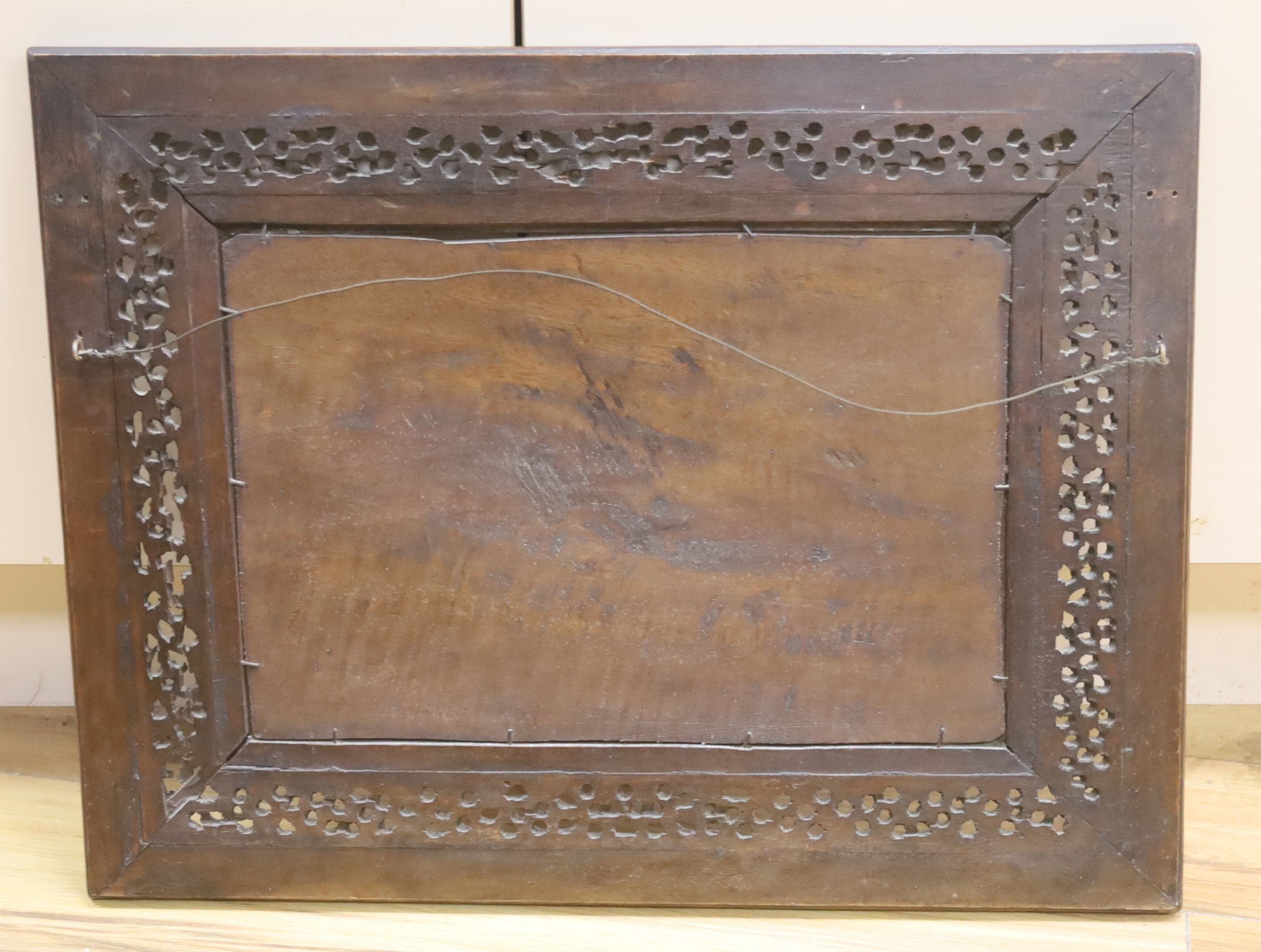 An early 20th century Chinese rosewood and mother of pearl inlaid panel depicting junks 45x58cm